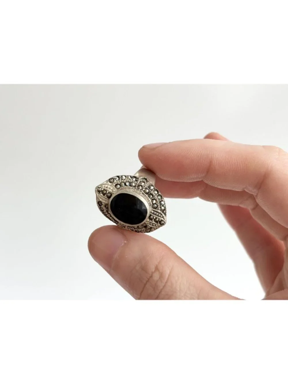 Black Onyx Marcasite Framed Art Deco Sterling Silver 925 Vintage Ring - sz 7.75